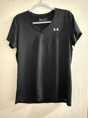 Under Armour Black V-Neck Short Sleeve Tee with White Logo - Women's